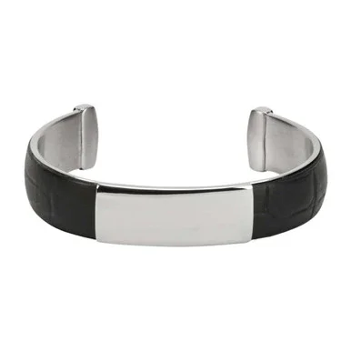 5/8″ Black Leather Cuff Bracelet with ID Plate