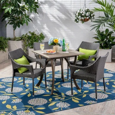 5-Piece Gray Rectangular Wood and Wicker Outdoor Furniture Patio Dining Set