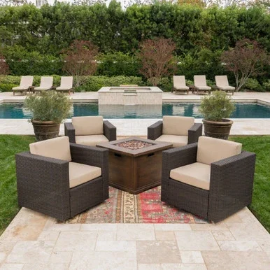 5pc Chocolate Brown and Beige Contemporary Outdoor 4 Seater Chat Set with Fire Pit