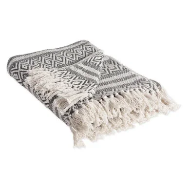 60″ Gray and White Rectangular Diamond Patterned Striped Cotton Throw