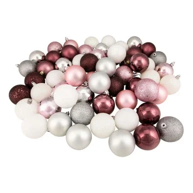 60ct Pink/Mulberry/Silver/White Shatterproof 3-Finish Christmas Ball Ornaments 2.5″ (60mm)