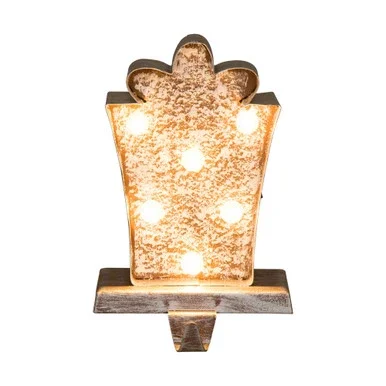 7.5″ Gold and Brown Unique Marquee LED Wooden Gift Box Stocking Holder