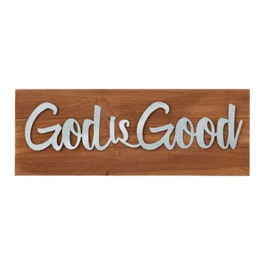 8.5″ Brown and Gray Wooden Rectangular Tabletop Plaque with “God is Good” Design