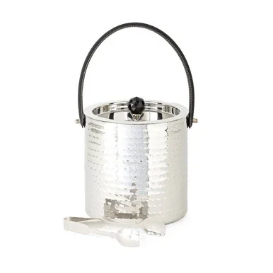 8.75″ Silver Ribbed Ice Bucket with Top and Black Handle