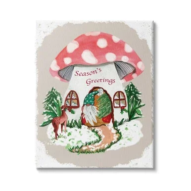 “Season’s Greetings” Christmas Gnome Mushroom House Stretched Canvas Wall Art, 30″ x 40″