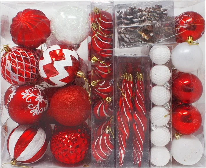 87ct Assorted Red & White Christmas Ornaments Set with Pine Corn