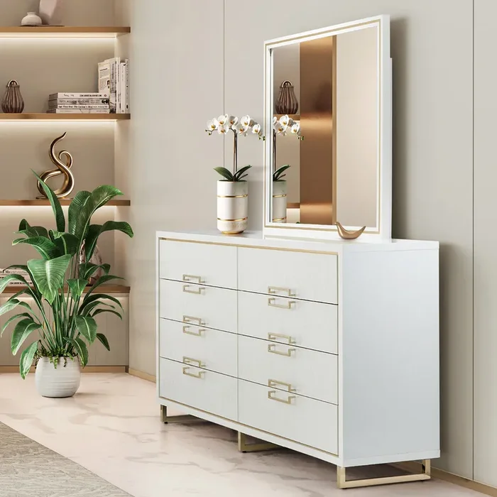 AICO Furniture – Palm Gate Dresser with Mirror in Cloud White – 9086050SA-260-108