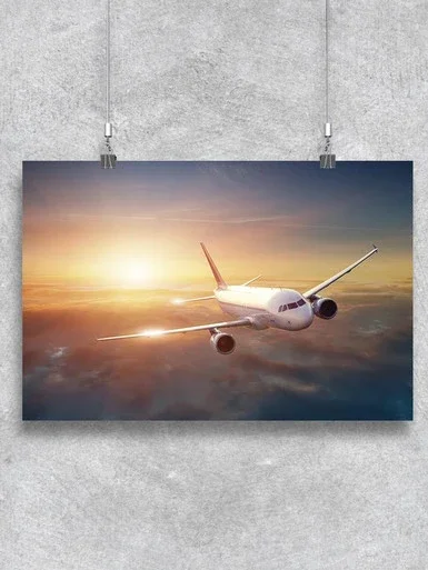 Airplane Flying At Sunset Poster -Image by Shutterstock