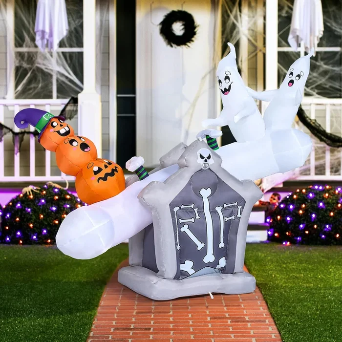 Animated 6ft Halloween Inflatable Ghost and Pumpkin Playing Seesaw for Outdoor Decor