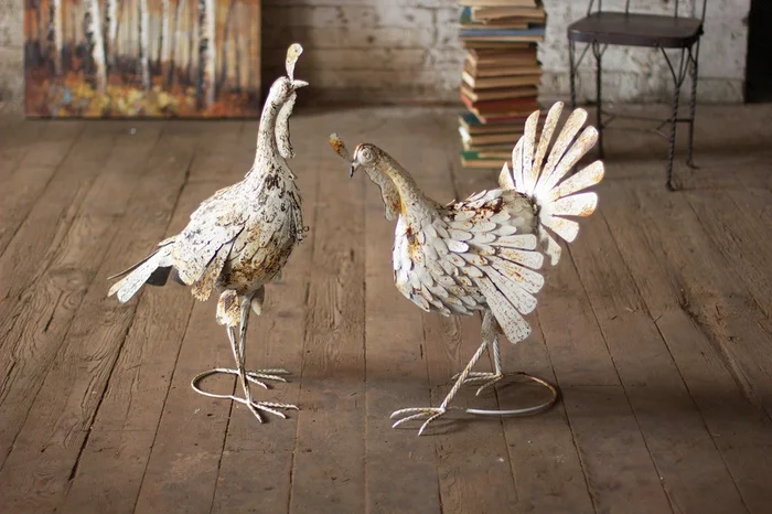 Antique white metal turkeys, set of 2
