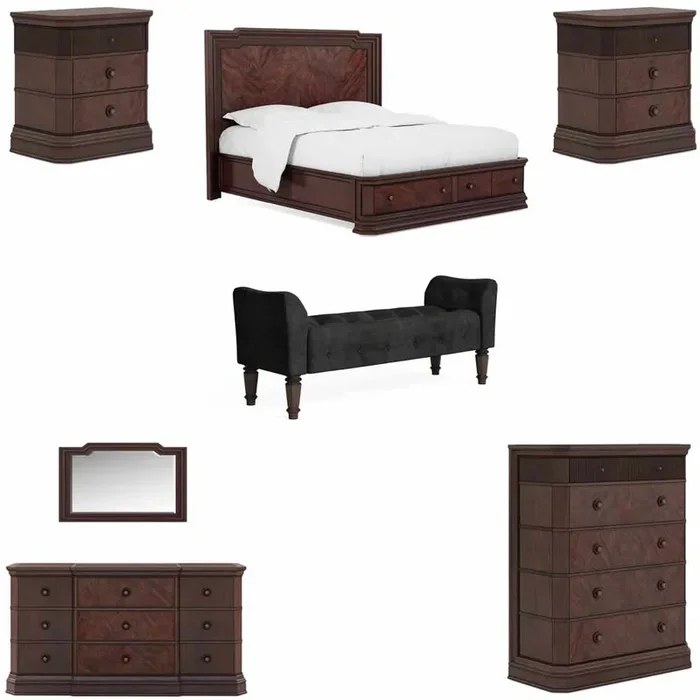 ART Furniture – Revival 7 Piece King Panel Storage Bedroom Set in Napa Mahogany – 328136-1730-7SET
