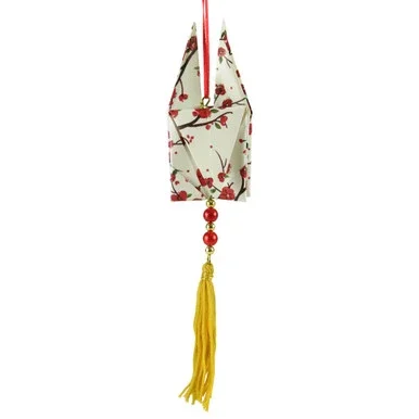Asian Fusion White Glitter Origami Dove with Gold Tassel Christmas Ornament 7.5″