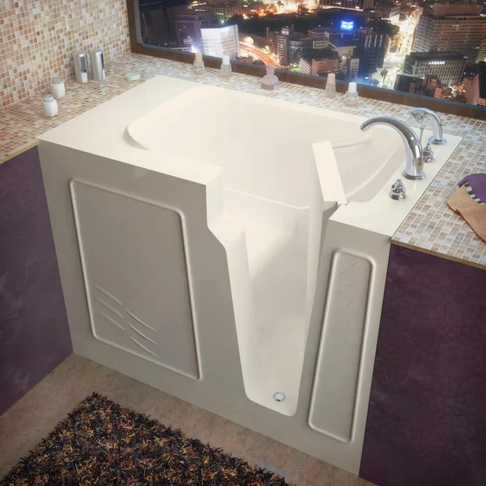 Avano Walk-In Tubs 52″ Gel Coated Soaking Bathtub for Alcove Installations with Right Drain, Roman Tub Faucet and Handshower