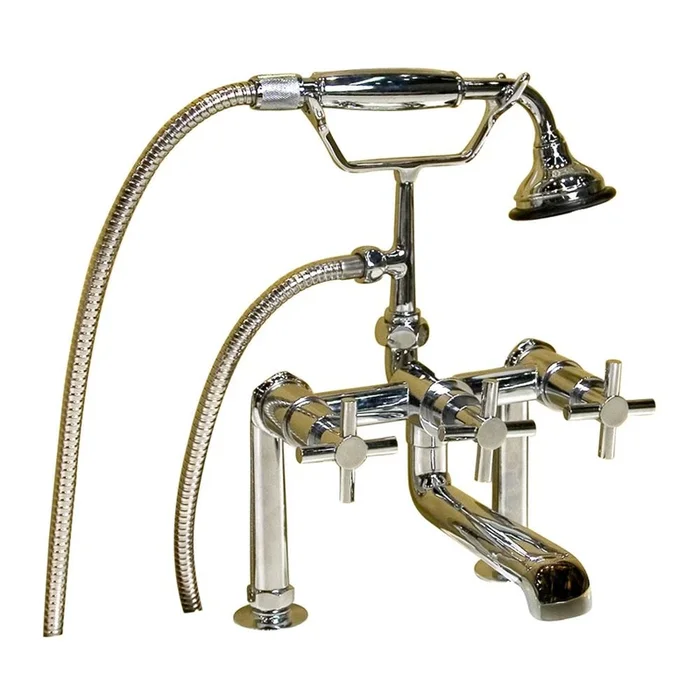 Barclay Deck Mount Tub Faucet w/ Cross Handles, Hand Shower-CP