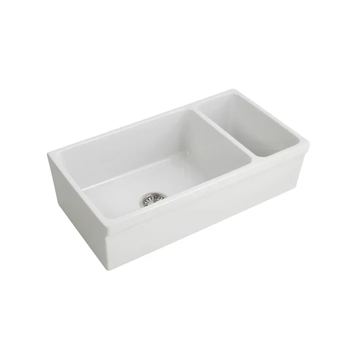 Barclay Lowell 36” Dbl Bowl,Small owl Right,Fireclay Apron Front Sink-WH