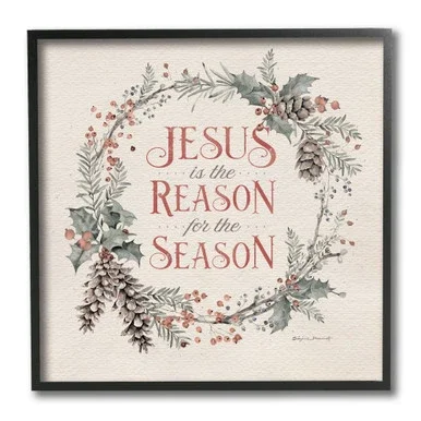 Beige and Green Jesus Reason for Season Christmas Framed Wall Art Decor 12″ x 12″