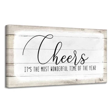 Beige and White ‘Cheers’ Christmas Canvas Wall Art Decor 8″ x 16″