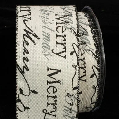 Black and Cream Merry Christmas Wired Craft Ribbon 2.5″ x 40 Yards