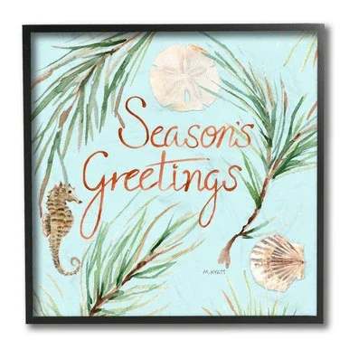 Blue and Green “Season’s Greetings” Nautical Seahorse Framed Wall Art Decor 12″ x 12″