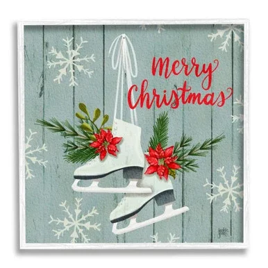 Blue and Red Ice Skating Shoes Merry Christmas White Square Framed Wall Art 12″ x 12″