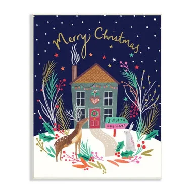 Blue and White Merry Christmas Family Home Reindeer Rectangular Wall Plaque Art 19″ x 13″