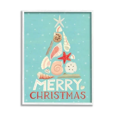 Blue and White Merry Christmas Polka Dots Rectangular White Framed Wall Art 30″ x 24″