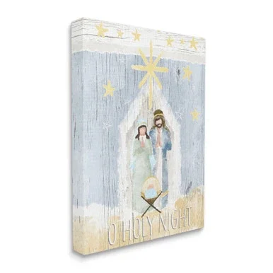 Blue and Yellow Holy Night Holiday Nativity Stable Stars Stretched Wall Art 20″ x 16″