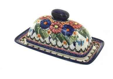 Blue Rose Polish Pottery Floral Butterfly Butter Dish