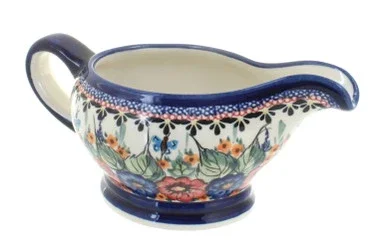 Blue Rose Polish Pottery Floral Butterfly Gravy Boat