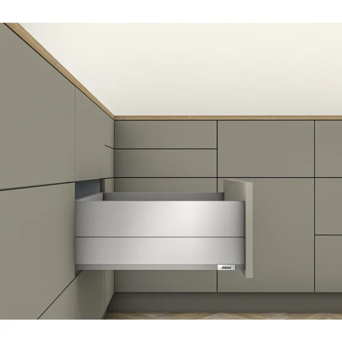 Blum Merivobox “E” Height 11 Inch Full Extension Concealed Screw In Drawer System with 125 Pound Weight Capacity and Soft Close