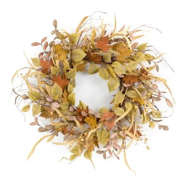 Brown and Beige Mini Pumpkin Fall Leaf Harvest Twig Wreath, 19.5-Inch