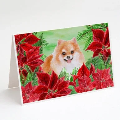 Caroline’s Treasures CK1363GCA7P Pomeranian #2 Poinsettas Greeting Cards and Envelopes Pack of 8, 7 x 5, multicolor