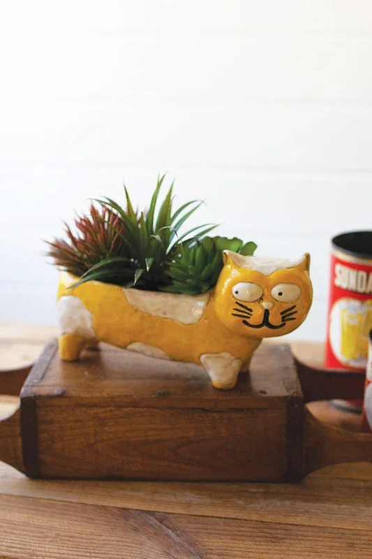 Ceramic Yellow and White Cat Planter, Set of 2