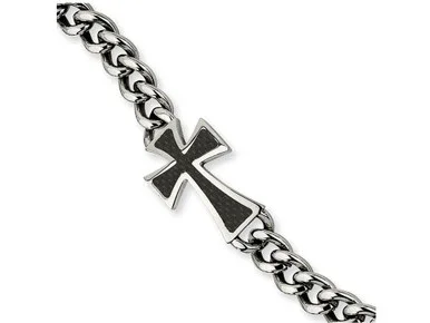 Chisel Stainless Steel Black Carbon Fiber Cross Polished 8.5in Bracelet SRB28985Y