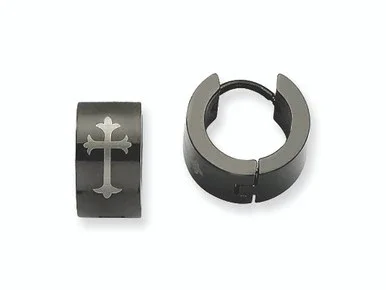 Chisel Stainless Steel Black Ip-plated Round Hinged Hoop W/ Cross Earrings SRE337Y