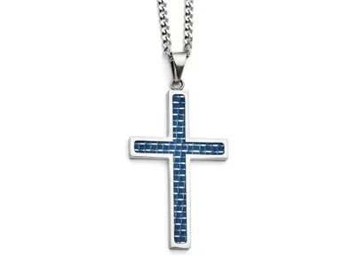 Chisel Stainless Steel Blue Carbon Fiber Inlay Polished Large Cross Necklace SRN130222Y
