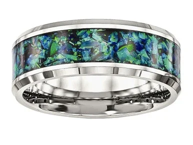 Chisel Stainless Steel Polished with Blue Imitiation Opal 8mm Mens Ring SR570 – SR570Y85