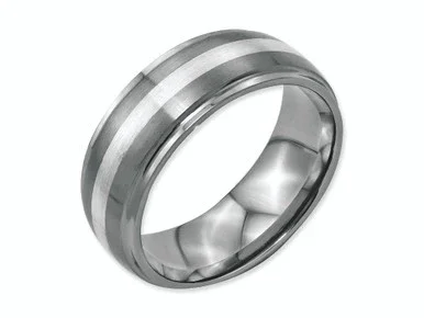 Chisel Stainless Steel Sterling Silver Inlay Ridged Edge Brushed and Polished Wedding Band – SR120Y14