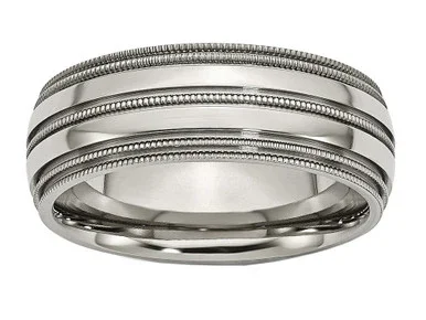 Chisel Titanium Grooved and Beaded Edge 8mm Polished Wedding Band TB136