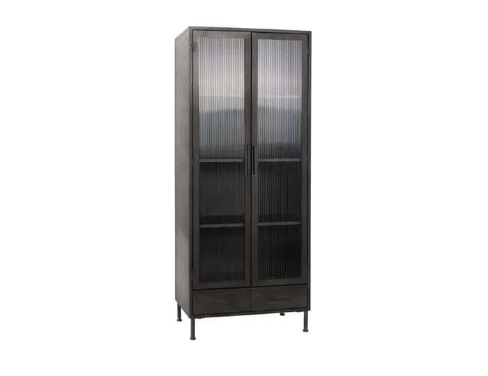 Classic Home – Nore Metal/Glass 2 Door 2 Drawer Tall Cabinet Blackened Steel – 52010941
