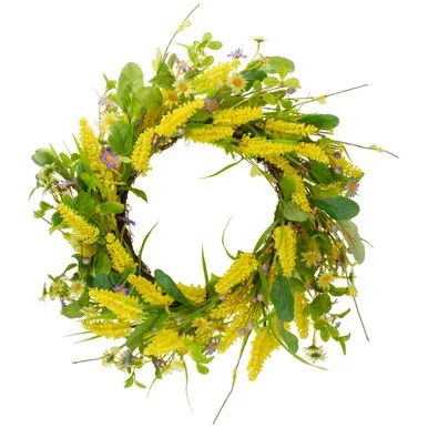 Daisy and Berry Floral Spring Wreath, Yellow and Purple 25″