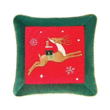 Deer with Gifts Quilted Christmas Pillow