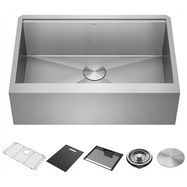 Delta Faucet Rivet™ 30” Workstation Farmhouse Apron Front Kitchen Sink Undermount 16 Gauge Stainless Steel Single Bowl with WorkFlow™ Ledge and Accessories