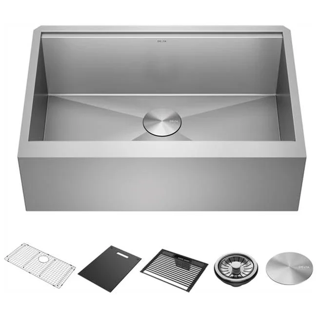 Delta Faucet Rivet™ 33” Workstation Farmhouse Apron Front Kitchen Sink Undermount 16 Gauge Stainless Steel Single Bowl with WorkFlow™ Ledge and Accessories