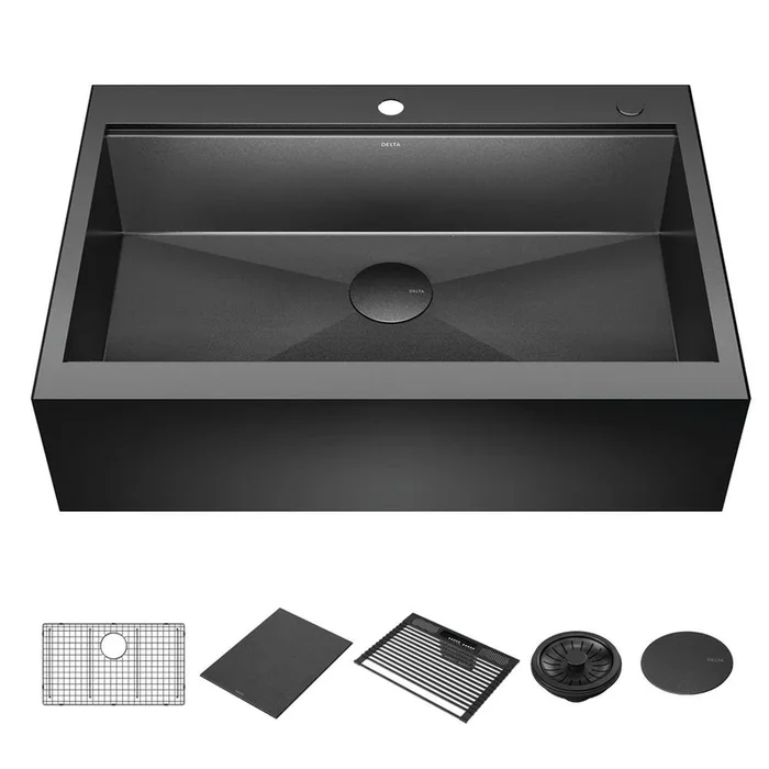 Delta Faucet Rivet™ 33” Workstation Kitchen Sink Farmhouse Apron Front 16 Gauge Stainless Steel Single Bowl in PVD Gunmetal Finish with WorkFlow™ Ledge for Top Mount Drop-In Installation with Accessories