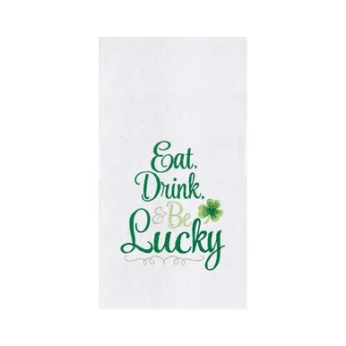 Eat Drink & Be Lucky Clover Flour Sack Kitchen Towel Dishtowel White St Patrick’s 18″ X 27″ Embroidered Waffle Weave Machine Washable Decor Decoration
