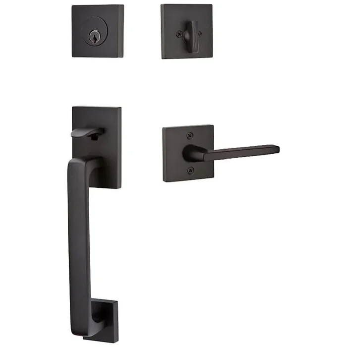 Emtek Baden Left Handed Sectional Single Cylinder Keyed Entry Handleset with Helios Interior Lever