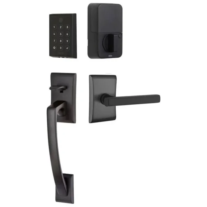 Emtek Empowered 2 Ares Left Handed Sectional Electronic Touchpad/Fingerprint Key Free Entry Handleset with Freestone Interior Lever with Bluetooth