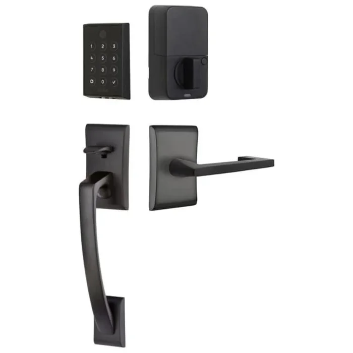 Emtek Empowered 2 Ares Left Handed Sectional Electronic Touchpad/Fingerprint Key Free Entry Handleset with Argos Interior Lever with Bluetooth