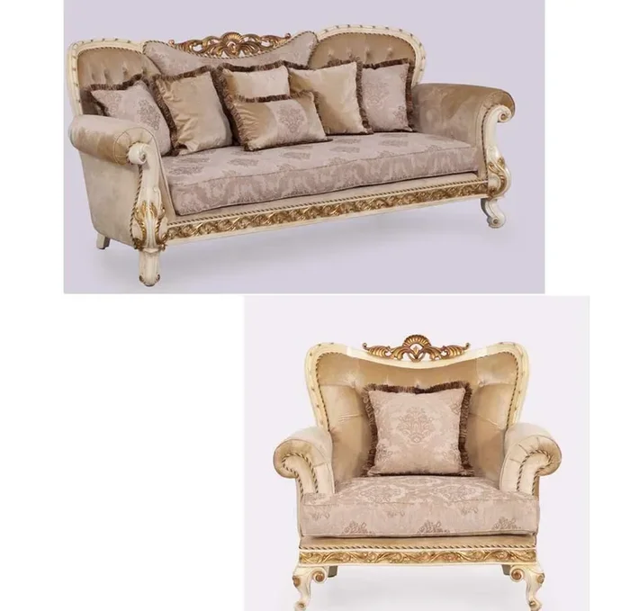 European Furniture – Fantasia 2 Piece Luxury Sofa Set in Antique Beige with Dark Gold Leaf – 40017-SC
